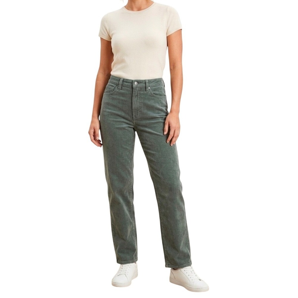 American Eagle Green Corduroy HR Straight Leg Stretch Pants Women 10 classic